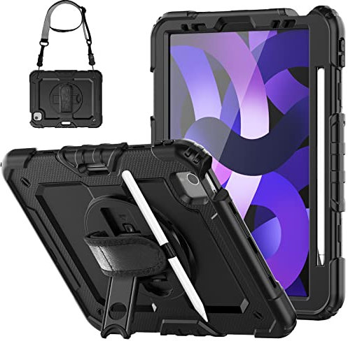 SEYMCY Case for iPad Air 5th/4th Generation 10.9 inch 2022/2020, Full-body Shockproof with Screen Protector, 360° Rotating Stand & Hand Strap, Carrying Strap, Pencil Slot, Black