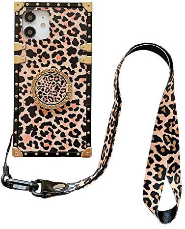 Rectangle Leopard Phone Case for iPhone 11 6.1 inch with Diamond Holder Ring and Lanyard Chic Cheetah Protective Soft Trunk Back Cover (Light Leopard with Strap, iPhone 11)