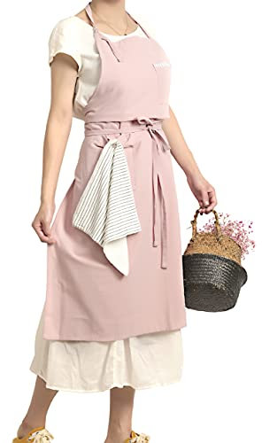 Pincy Weiche Schürze aus Baumwollleinen – Retro-Leinen-Kunstschürze, verstellbare lässige Schürze mit Handtuch, ideal für Floristen, Kaffeehaus und Küche (Rosa)