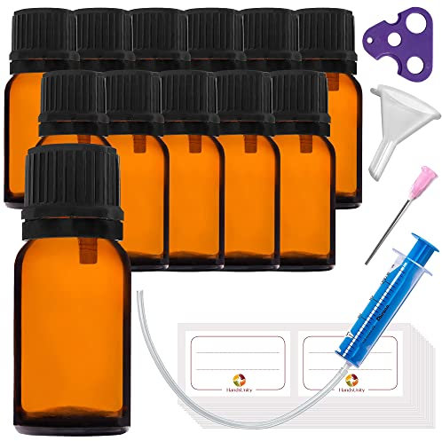 HandsUnity 10ml-12 Piezas de Botella Gotero -Pequeño Frasco de Vidrio Ámbar con Tapón Gotero Vidrio Negro Marrón Set Incluye 30 Accesorios