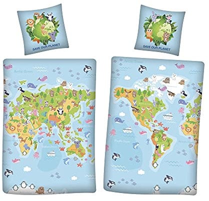 Aymax Save Our Planet Weltkarte Wende Bettwäsche 80 x 80 cm + 135 x 200 cm 100% Baumwolle