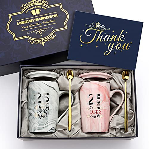 25 Years of Being Mr Right and Mrs Always Right Wedding G-i-f-t-s for Couple Parents Grandparents-Ceramic Coffee Cup Christmas Mugs Set, Anniversary-G-i-f-t-s for Him - His and Hers Gifts(14oz)