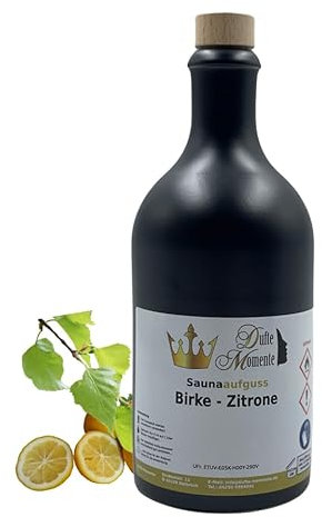 Dufte Momente | Saunaduft Birke-Zitrone 500ml in schwarzer Steinzeugflasche mit Korkmündung | vegan, ohne Tierversuche | in gewohnter Premiumqualität