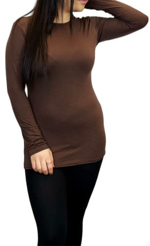 LUXFAB Women's Long Sleeve T-Shirt Top with Scoop Neck Soft Stretch Viscose Fabric Athletic Fit, Bright Colors, Sizes 8-26 Plus Comfert Stretch Ladies Brown