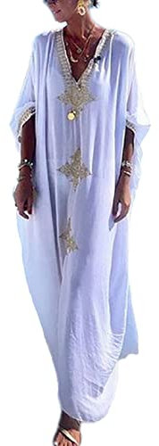 Bsubseach Gold Embroidery Long Kaftan Dresses V Neck Caftan Dress Beach Cover Ups for Women White