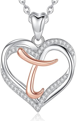 INFUSEU Herz Halskette mit Initial T, Kette mit Namen Buchstabe Schmuck Zirkonia CZ fur Frauen Dame Frau Mutter Freundin Romantische Geschenke, 20 Zoll Kette