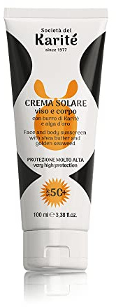Karité Bioelite Sonnencreme LSF 50+ 100 ml – hoher UVA-/UVB-Schutz mit Sheabutter – feuchtigkeitsspendende Sonnencreme für Gesicht und Körper – mit Alge Laminaria Ochroleuca, Reisegröße, Made in Italy