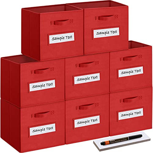 artsdi 33 x 33 cm große Aufbewahrungskörbe (Set mit 8 Körben) mit 8 Etiketten, Fensterkarten und einem Stift – zusammenklappbare Aufbewahrungsboxen, Würfel für Kinderzimmer, Zuhause und Büro, Rot