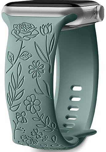 Mastten Floral Engraved Strap Compatible with Apple Watch Strap 42mm 44mm 45mm 46mm 49mm, Soft Silicone Elegant Rose Floral Pattern Band for iWatch Series SE 10 9 8 7 6 5 4 3 2 1/Ultra, Pine Green