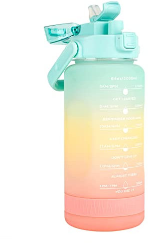 UeKeKicg 2 Litre Water Bottle,64ozHalf Gallon Water Bottle with Time Marker/Straw/Chug One Lids, Leakproof Tritan BPA Free Reusable Water Jug Easy Carry for Adult and Kids Gym Sports Outdoors
