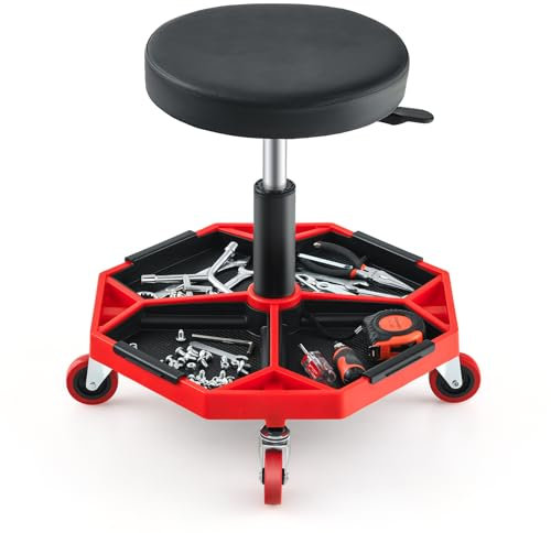 COSTWAY Tabouret d'Atelier Pneumatique 4 roulettes Universelles, Chaise d'Atelier Pivotante avec Plateau à Outils pour Garage, Atelier, Ø 50, 5 cm, Hauteur 41 à 55 cm, Charge Max 150 kg (Rouge)