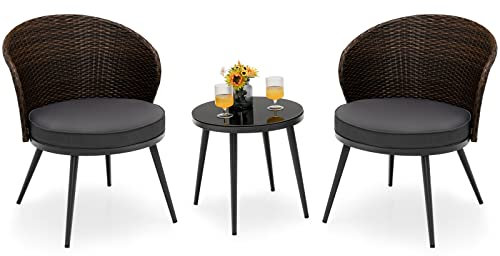 COSTWAY 3 Piece Patio Rattan Bistro Set, Garden Furniture Set with 2 Cushioned Chairs and Tempered Glass Table, Sectional Outdoor Wicker Conversation Table Chairs Set for Balcony Yard Poolside