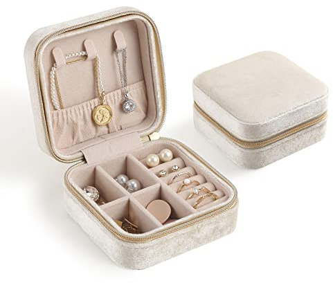 CASEGRACE Reise-Schmuckkästchen, Plüsch-Samt-Schmuckschatulle, kleiner Schmuck-Reise-Organizer, Präsentation, Ringe, Halsketten, Armbänder, Ohrringe, Aufbewahrungsbox für Damen, Perlweiß