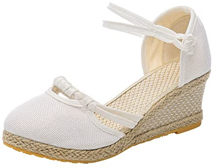 Alueeu Sandalias Mujer Verano 2023 Cuña Comodas Alpargatas Zapatos Casual Hebilla Fiesta Clásica Elegantes con Pala Cerrada Exterior Forrada de Yute Romano Sandalias de Playa, 04 Blanco, 40 EU