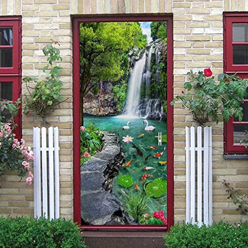 Türtapete Selbstklebend Türaufkleber 3D - Wasserfall Schwanensee Landschaft 90 X 210 Cm - Türfolie Poster Wasserdichte Tür Stickers Tapete - Kinderzimmer Küche Wohnzimmer Schlafzimmer Arbeitszimmer B