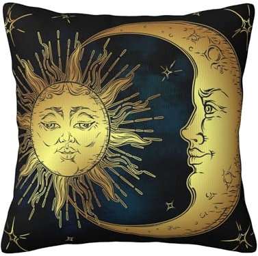 Golden Sun Kissenbezug Antiker Halbmond Sterne über blauem schwarzem Himmel Boho Wohnkultur Kissenbezüge für Couch Schlafzimmer Sofa Wohnzimmer Bett Stuhl Standardgröße 45,7 x 45,7 cm