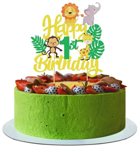 Joyeah Jungle Animal 1st Birthday Cake Toppers for Wild One Tiger Giraffe Lion Theme Party, Happy Birthday Toppers Decoration for DIY Dessert Cake Decoration Supplies