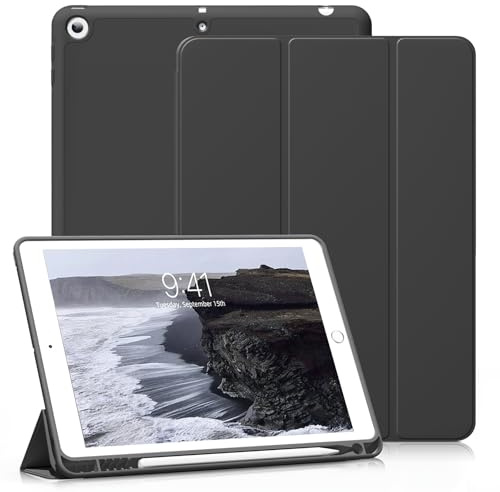 ZKTUYU Hülle für iPad 9./8./7. Generation 10,2 Zoll 2021/2020/2019 | Weiche TPU Schutzhülle mit Stifthalter, Trifold Ständerhülle, Auto Schlafen/Wachen, für iPad 9/8/7 Gen, Schwarz