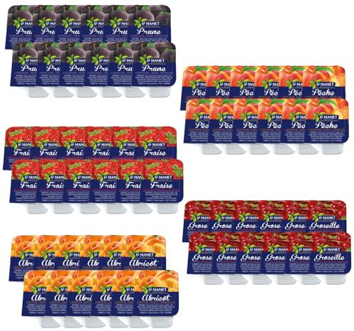 ST MAMET | 60 Barquettes de Confiture de Fraise, Pêche, Abricot, Prune et Gelée de Groseille | Dose individuelle de 25 grammes pour varier les plaisirs au petit déjeuner et au goûter