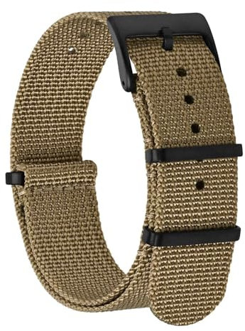 BISONSTRAP Nylon Uhrenarmband für Herren, Einteilige Militär Armband, 18mm, Khaki Braun (Schwarze Schnalle)