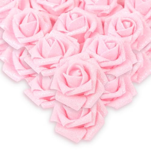 IPOPU Künstliche Rosen, 50 Stück, rosa Glitzer-Rosen, Blumenstrauß, Glitzer-Blumen für Bastelarbeiten, Hochzeitsstrauß, Zuhause, Party-Dekoration (Rosa)