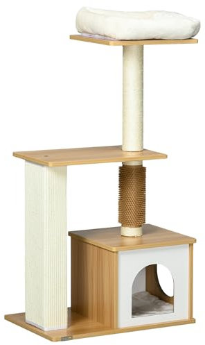 PawHut Kratzbaum, 114 cm hoch, Katzenbaum, mehrstöckiger Kletterbaum mit Katzenbett, Katzenhöhle, Katzenmöbel mit Kitzelsäule, Katzenkratzbaum für Katzen bis 5 kg, Eiche