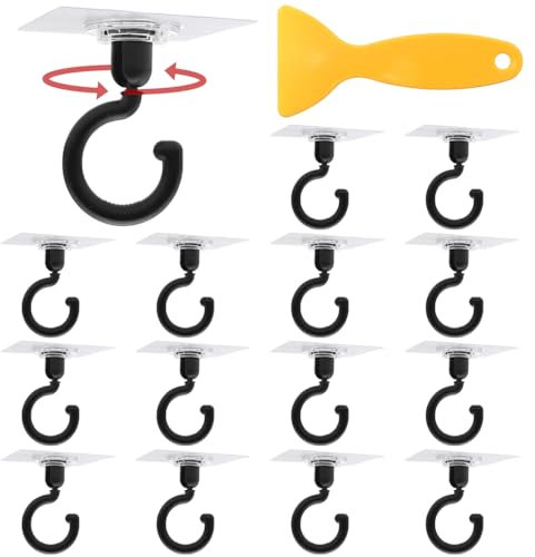 GYSRXS 15 Pièces Crochet Adhésif Plafond Crochet Adhésif Rotatif à 360°Crochet Plafond Sans Trou avec Raclette Convient pour Salles de Bains Cuisines,Maximum 3KG(Noir)