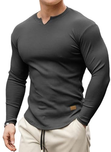 Meilicloth Mens T Shirt Henley Long Sleeve Men Casual Pullover V Neck Top Muscle Longline Ribbed Tee Shirt Grey Medium