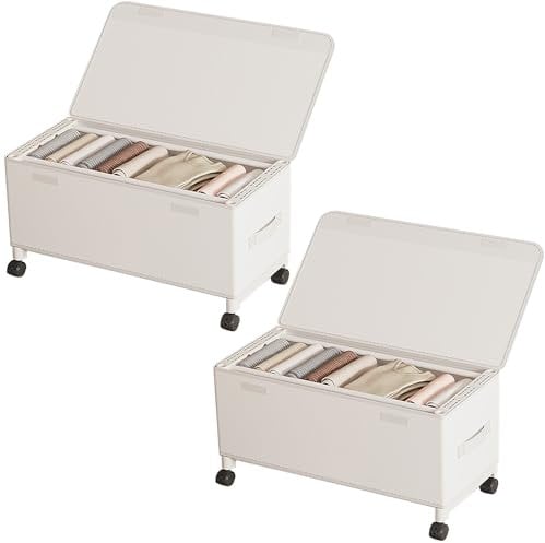 ACESOME 2 Pack Under Bed Storage with Wheels Lid, 22.4 x 11.4 x 12.6inch Large Underbed Storage on Wheels, Metal Frame Underbed Containers for Clothes Shoes Toys Blankets (White)