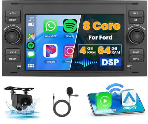 Ohradio 8Core/4G+64G Radio per Ford Focus Fiesta Kuga Fusion Transit Mondeo Android 15 Autoradio 2 DIN Wireless Carplay Android Auto 9 Pollici Touchscreen con GPS DSP 59UI AHD Retrocamera MIC