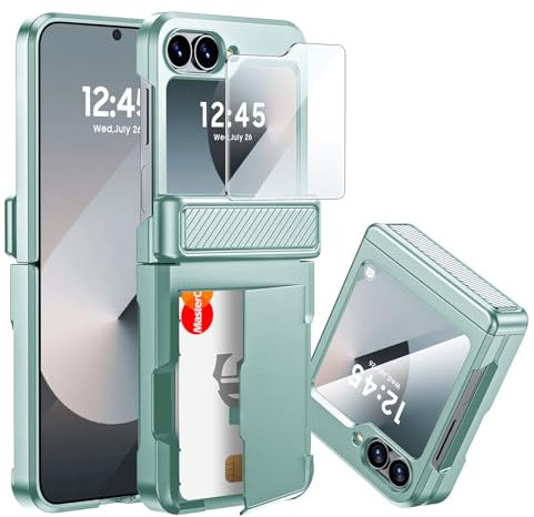 CENMASO for Galaxy Z Flip 7 FE/Z Flip 6 Case Built-in Card Holder, Z Flip 7 FE Wallet Case with Hinge Protection & Screen Protector, Shockproof Protection Case for Galaxy Z Flip 6(Mint Green)