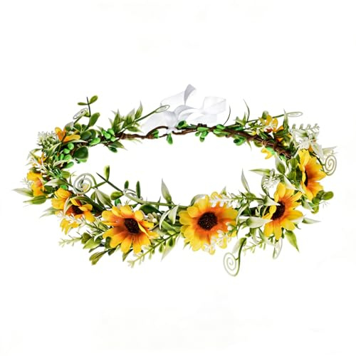 Sunflower Crown Wreath Headbands Bridal Daisy Flower Leaf Crown Hair Accessories Flower Headpiece Adjustable Tiara Garland Headbands for Spring Wedding Festivals Photo Props