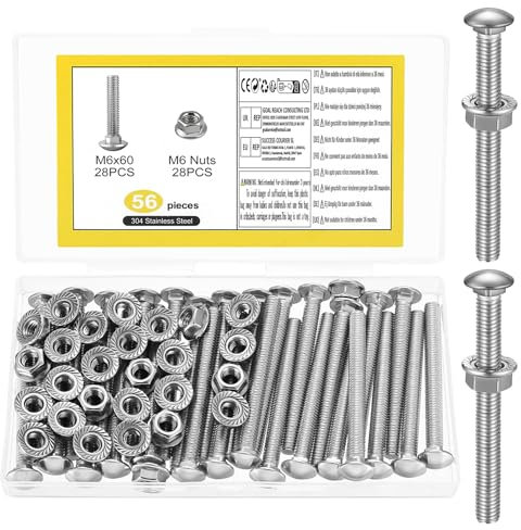 28 Pz Bulloni Testa Tonda M6 x 60 mm, Viti a Testa Tonda Piatta M6, Bulloni per Carrozze, Set di Viti e Dadi in Acciaio Inox, Bullone e Quadro Sottotesta e Dado Flangiati