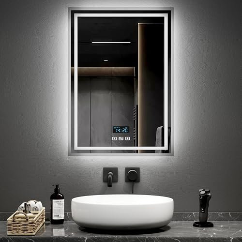 EMKE Bathroom Mirror with LED Lights 500 * 700MM, LED Bathroom Mirror with Demister Pad, Smart Vanity Mirror with Clock and Bluetooth, Wall Mounted Mirror with Shaver Socket, 3 Colors Dimmable