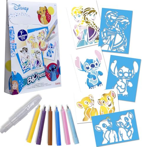 Lansay - BLOPENS Disney Heros - Kreativset für Kinder ab 5 Jahren - 6 Blopens-Farbstifte zum Pusten + 7 Wiederverwendbare Schablonen (Stitch oder Simba) - Bastelaktivität - Geschenkidee