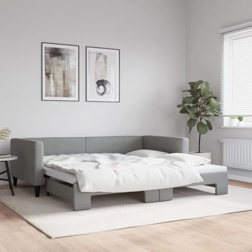 Brokky Tagesbett Ausziehbar 100x200 cm Hellgrau Stoff 2-in-1 Sofa Bett Daybed Gästebett mit Ausziehbett Robustes Holz-Metall Rahmen Atmungsaktiver Langlebiger Stoff Schlichte Optik