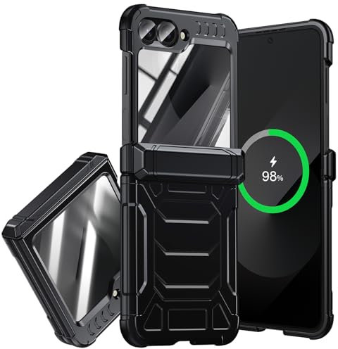 for Samsung Galaxy Z Flip6 Case: Rugged Hinge Military Grade Protection Shockproof Silicone Protective Cell Phone Cover with Screen Protector (Black)