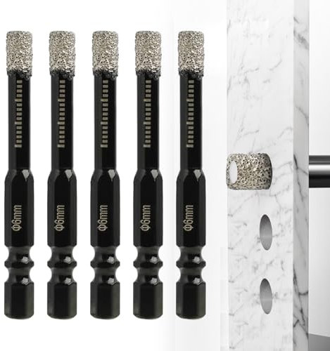 5 Pcs Diamond Drill Bits 6mm Porcelain Tile Drill Bit 1/4 Hex Shank Dry Drill Bits Set with Wax Core for Drilling Ceramic, Granite, Marble Stone, Glass Hard Tiles (Black)