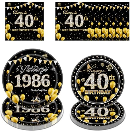40th Birthday Decoration Tableware Set - 96 Pcs Black Gold Paper Plates Napkins Party Decorations Tableware Supplies For Men Women Him Men Birthday Table Decor Gifts Dinnerware