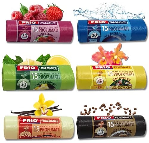 FRIO Multifrutti - 90 Sacchetti spazzatura 30 Litri Profumati, 6 Confezioni da 15 Sacchi immondizia con 6 aromi, colori assortiti - 52x58 cm - Buste per pattumiera resistenti, piccoli, differenziata