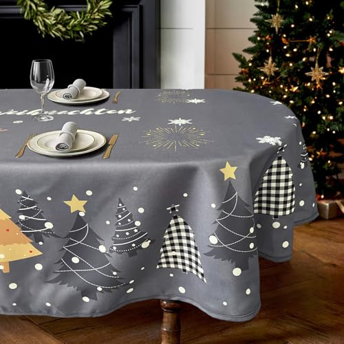 Zmorfiya Weihnachten Oval Tischdecke 140x180cm, Dunkelgrau Abwaschbar Tischdecke, Wasserabweisend Tischtuch mit Schneeflocke Tannenbaum Feuerwerk, Tischwäsche Deko für Winter Party