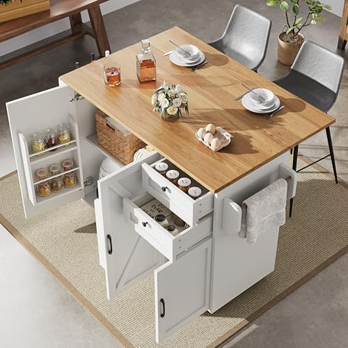Huayz Carrello da cucina, isola della cucina, armadio da cucina con piano di lavoro pieghevole, credenza per carrello da pranzo con 3 ante e 2 cassetti, tavolo da pranzo multifunzione con spazio di