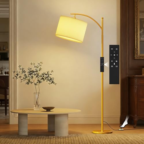 GLUROO Stehlampe Wohnzimmer mit Fernbedienung, Modern Standleuchte Bogenlampe mit 3 Farbwechsel, Stufenlose Helligkeit, Dimmbar LED Stehleuchte mit Fußschalter, Gold