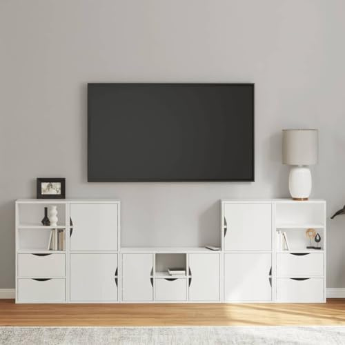 Hoopleep 5-TLG. Wohnwand mit Stauraum ODDA Weiß, Massivholz Kiefer, 79 cm Breite, vielseitig anpassbar für Wohnzimmer Unterhaltung Zentrum