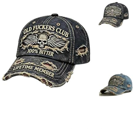 Old Fuckers Club Vintage Distressed Baseball Cap - Washed Denim Dad Hat with Skull, Adjustable Buckle, Embroidered Style, Cowboy-Schwarz, Einheitsgröße