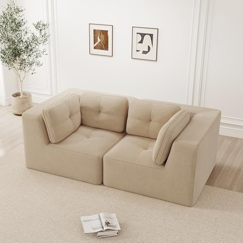 Flexibel kombinierbares Ecksofa 2-Sitzer aus Cord, modulares rahmenloses Sofa mit 32D Komfortschaum, platzsparend, vakuumverpackt ohne Montage, ideal für kleine Wohnungen (Biege, Eckesofa-2S)