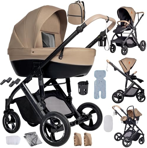 Veitoalioy Kinderwagen 4 in 1, Bequemer Multifunktionaler Kombikinderwagen 4 in 1 Komplettset, Aluminium Hohe Landschaft Babywagen, Faltbarer Kinderwagen Set (ZWV7 Brown)