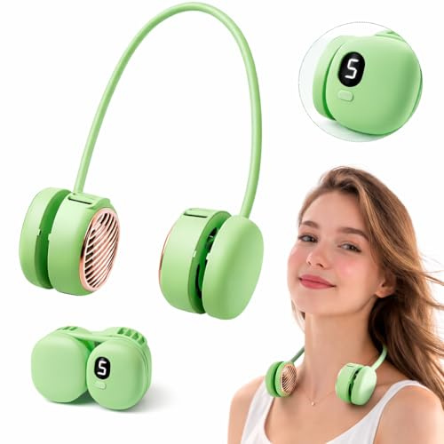 Foluu Ventilateur de Cou Rechargeable, 5 Vitesses, Affichage LED. Turbine 120 Pales, 360° Flexible, Ultra-Silencieux 40dB. Idéal Voyage, Sport, Bureau (Vert)