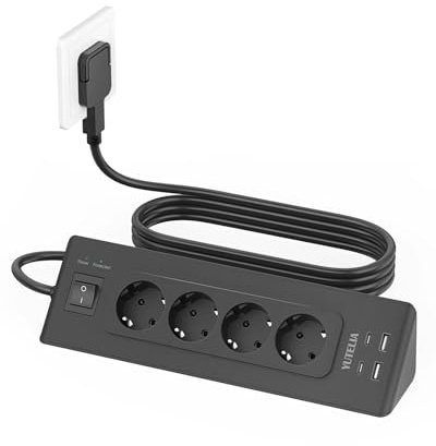 Ecksteckdose mit 4 USB (2 USB C), 4 Fach Mehrfachsteckdose Flachstecker mit Schalter, Steckdosenleiste Überspannungsschutz mit 2M Kabel für Küche (Schwarz)