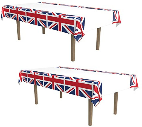 Beistle 54747 Rechteckige Tischdecke aus Kunststoff mit Union Jack-Design Britisches Partyzubehör, Sherlock Holmes Dekorationen, rot/weiß/blau